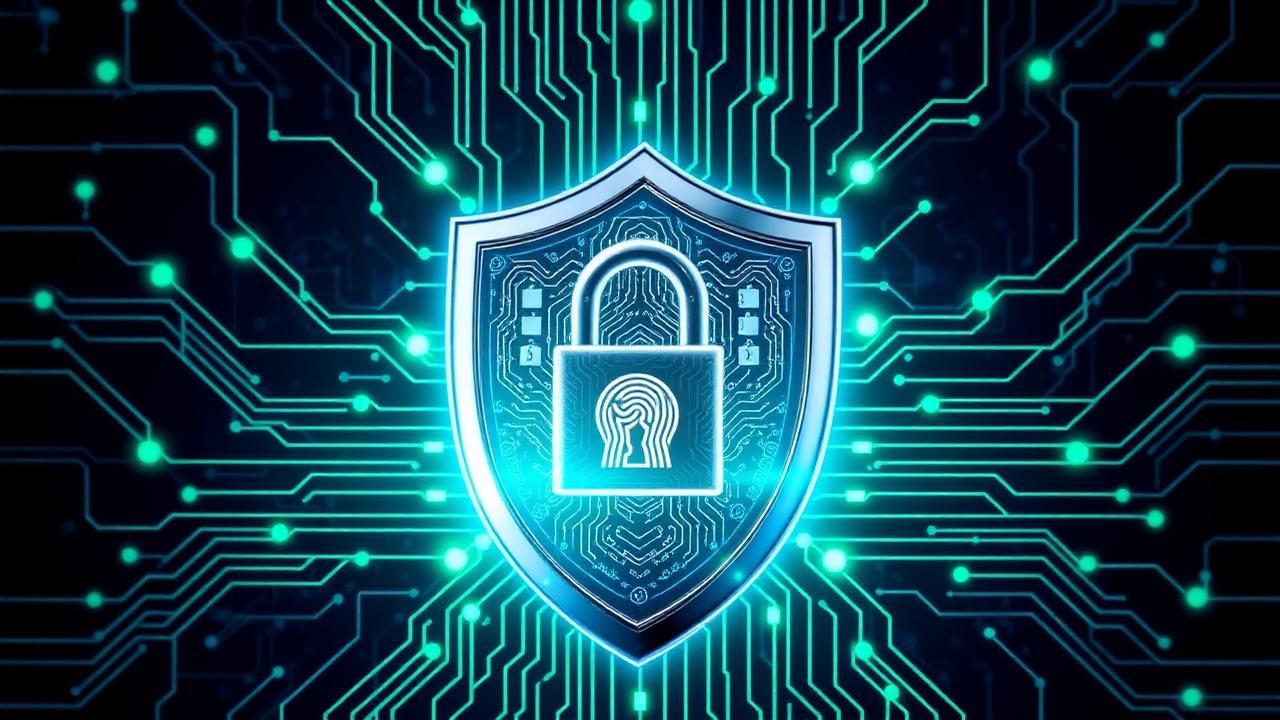 Escudo digital com cadeado em circuito eletrônico cibernético